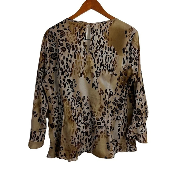 Milano Layered Leopard Print Blouse XL Keyhole Back Long Bell Sleeves Tan Brown - Picture 4 of 11